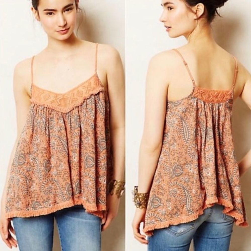 Anthropologie Lilka Fringe Tank Orange XS Sleeveless Beaded